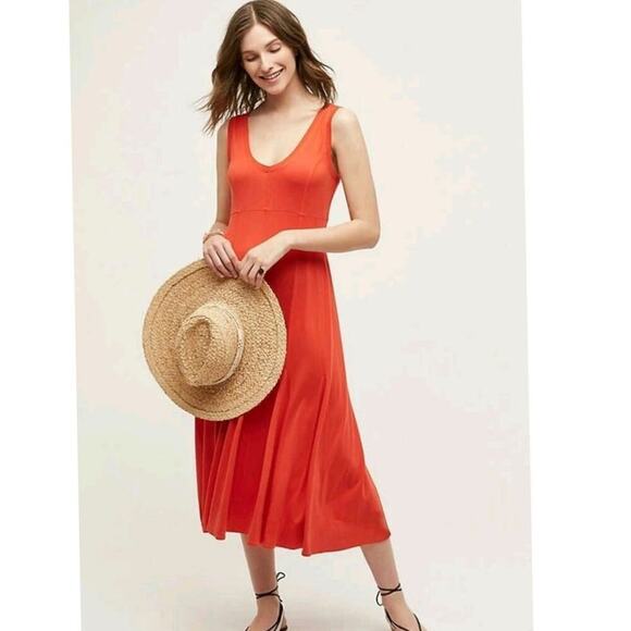 Maeve Anthropologie Abroad Sleeveless Trumpet Midi Dress in Red Orange, sz Med - Picture 2 of 13